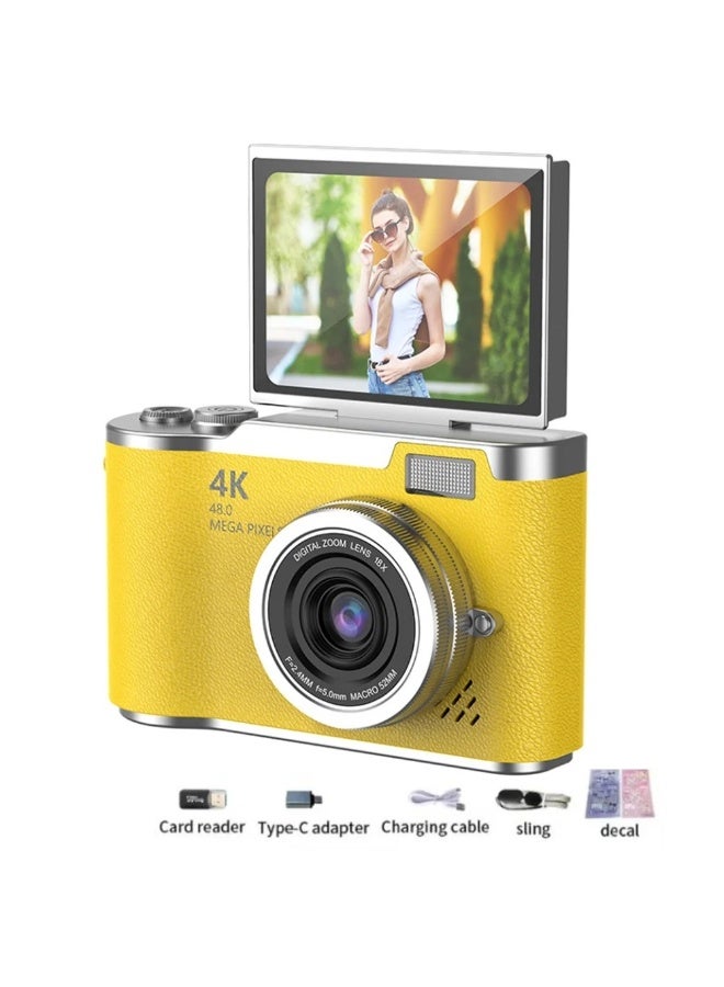 48MP CCD Digital Zoom Portable Digital Camera with 180° Flip Screen for Selfies, 4K HD Photography, Yellow - Image 3