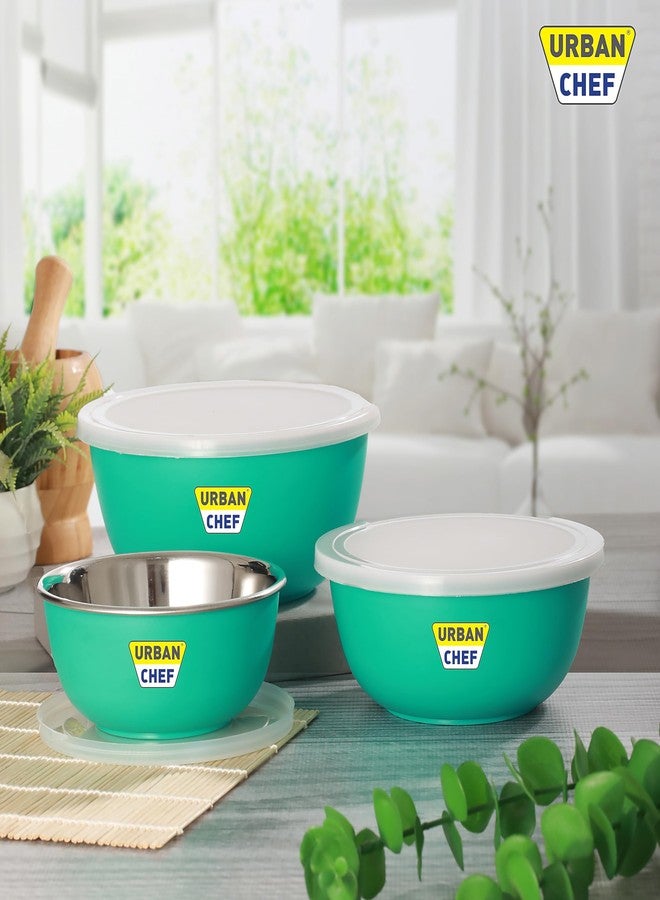 URBAN CHEF Stainless Steel Microwave Safe Bowl Set|1 Year Warranty|Kitchen Accessories Items for Home, Microwave Safe Utensils, Serving/Microwave Fit Bowl, Set of 3-500ml, 800ml, 1250ml (Parrot Green) - Image 1