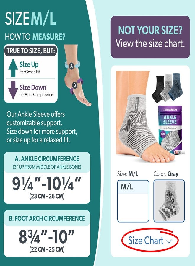 BraceAbility Ankle Compression Sleeve for Foot Pain Relief - Peroneal Tendonitis Brace, Ankle Swelling, Plantar Fasciitis, Achilles Tendon Support Sleeve for Women and Men (Gray - M/L) - Image 2