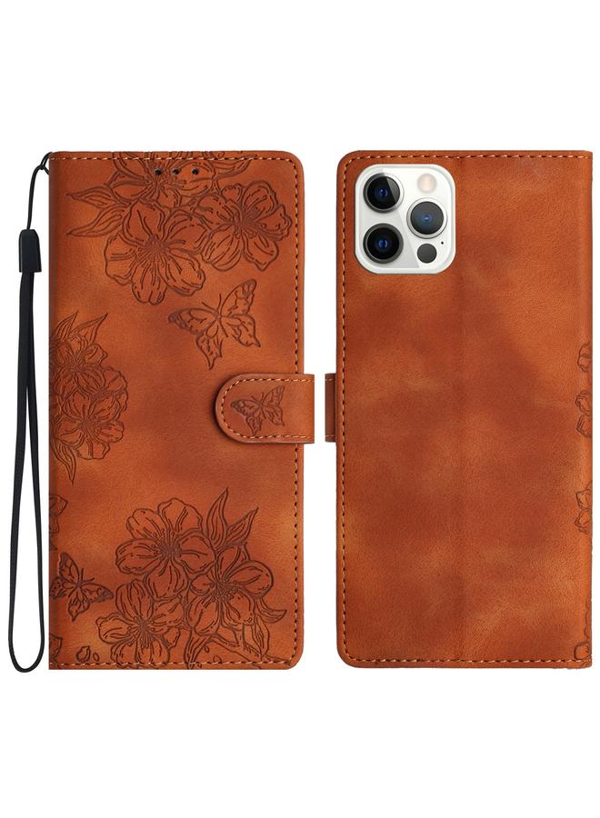 Zaboon Case For iPhone 12 Pro Cherry Blossom Butterfly Skin Feel Embossed PU Phone Case - Image 1