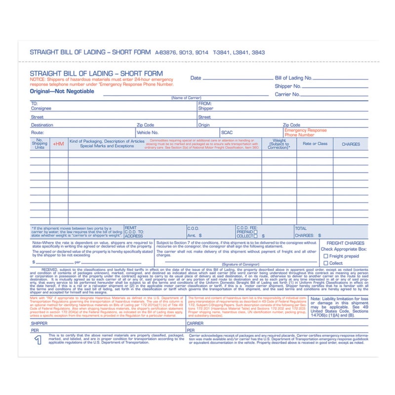 Adams Bill of Lading Short Form, 8-1/2 x 7-7/16 Inches, White, 3-Part, 250-Count (B3876) - Image 1