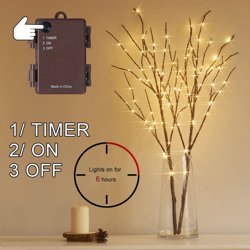 Fudios Lighted Brown Branches with Timer 32 in 100 LED for Vases Battery Operated, Artificial Willow Branch Twigs with Warm White Lights for Christmas Holiday Party Decor - Image 2
