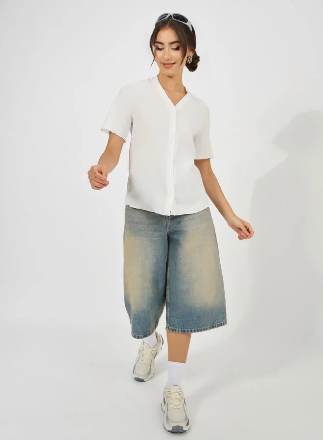 Styli Textured Short Sleeves Blouse with V Neck