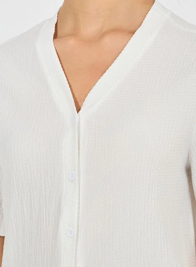 Styli Textured Short Sleeves Blouse with V Neck