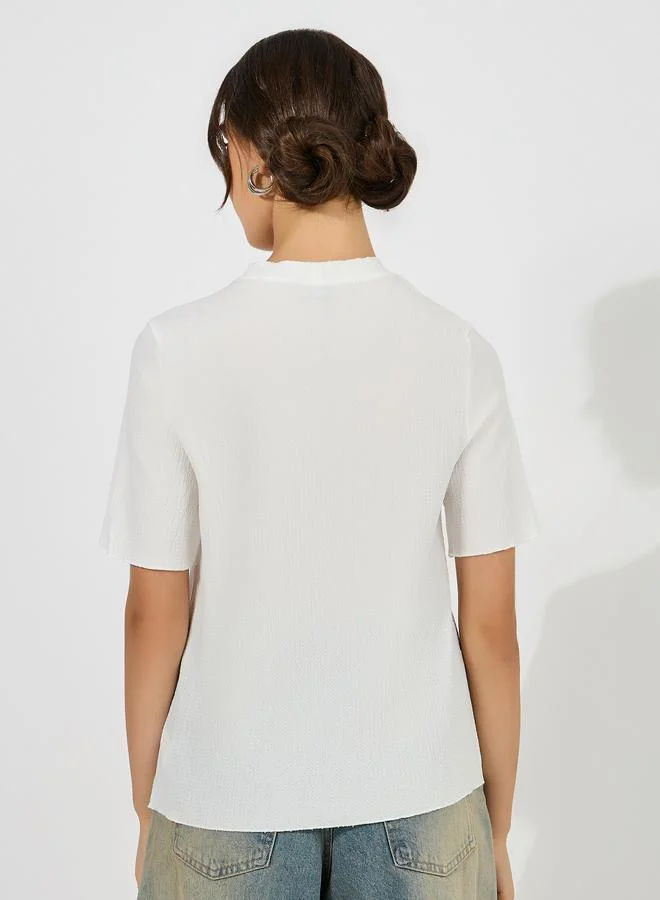 Styli Textured Short Sleeves Blouse with V Neck