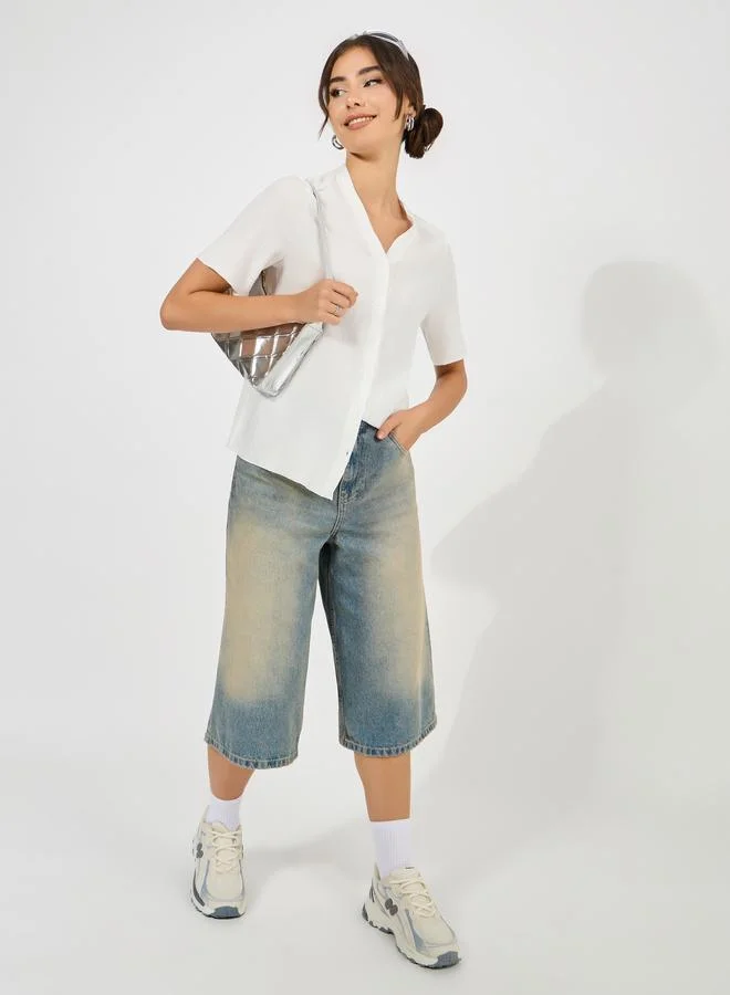 Styli Textured Short Sleeves Blouse with V Neck