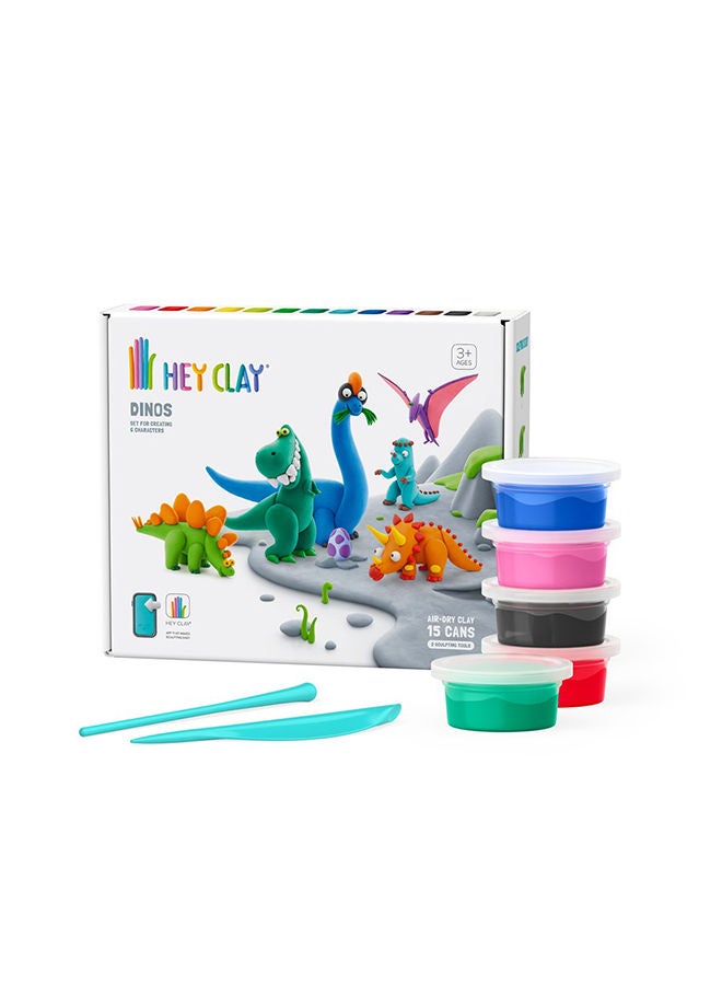 HEY CLAY Dinos Set-Colourful Modeling Kids-Air Dry Clay Kit 15 Cans And Sculpting Tools - Image 1