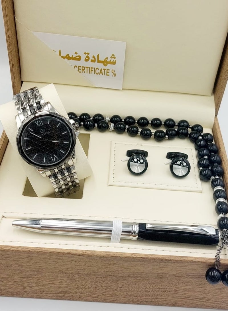مونتيرا طقم رجالي مكون من ٤ قطع ساعة وقلم وكبك وسبحه