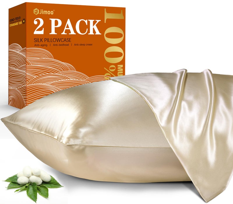 J JIMOO 2 Pack 100% Mulberry Silk Pillowcase for Hair and Skin  22 Momme Natural Silk Pillow Cases Set of 2 with Zipper  Silk Pillow Cover for Women Mom Men (2 Pack Beige  Standard 20''?26'') - Image 1