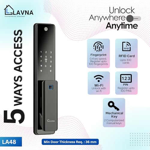 LAVNA Premium Digital Door Lock with Camera N Screen | Fingerprint, WiFi Mobile App, PIN, Card and Manual Key Access | 5-Bolt Security fit with Wooden Doors (LA48, Automatic) - Image 4