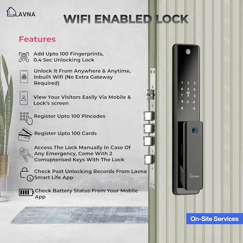 LAVNA Premium Digital Door Lock with Camera N Screen | Fingerprint, WiFi Mobile App, PIN, Card and Manual Key Access | 5-Bolt Security fit with Wooden Doors (LA48, Automatic) - Image 2