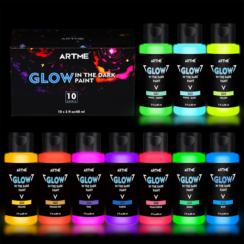 ARTME Glow in The Dark Paint 10 Bright Colors 60ml2oz Blacklight Paint Set Neon Craft Paint Acrylic Glow Fluorescent Paint Perfect for Art Painting DIY projects Halloween and Christmas Decoration - Image 2