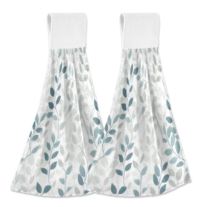 BLUE GRAY LEAVES BRANCHES HANGING KITCHEN TOWEL 12 X 17 IN GRAY LEAF FLOWERS HAND FINGERTIP TIE TOWELS SET OF 2 PCS TEA BAR DISH CLOTHS DRY TOWEL SOFT ABSORBENT DURABLE FOR LAUNDRY ROOM DECOR