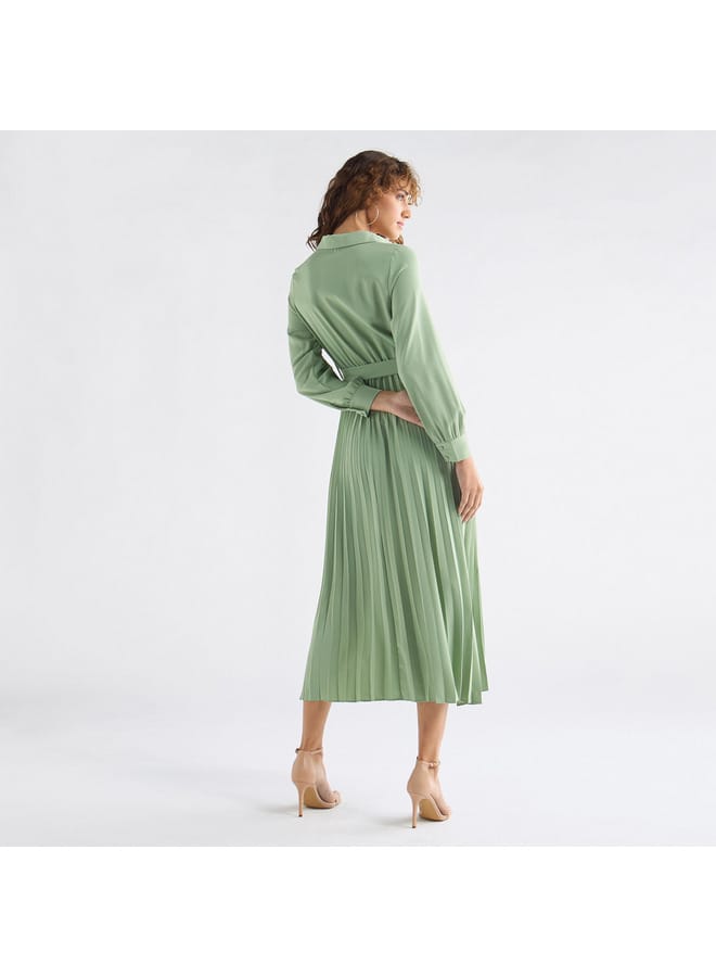Splash FAV Pleated Shirt Dress with Belt and Long Sleeves - Image 3