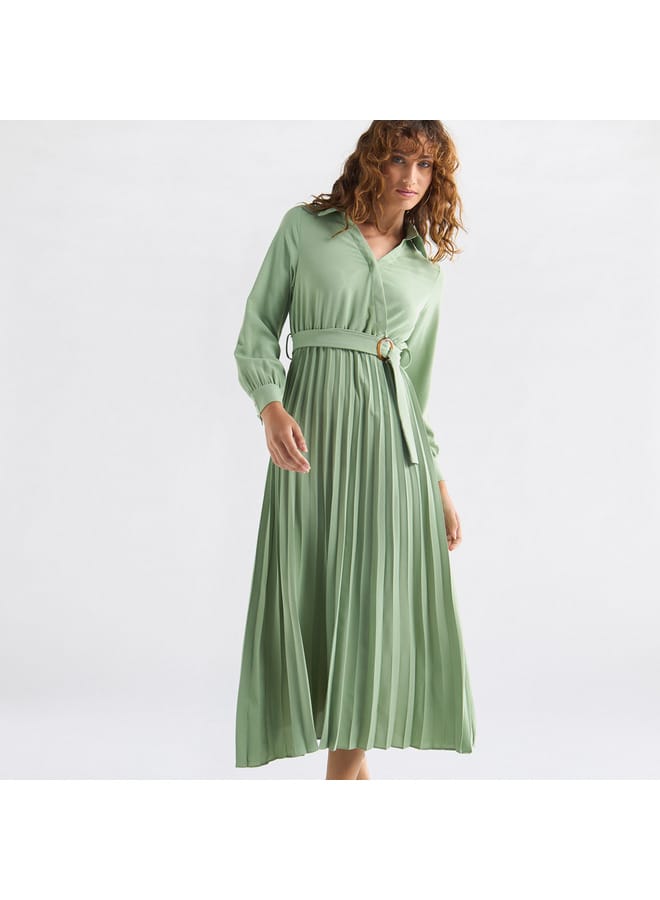 Splash FAV Pleated Shirt Dress with Belt and Long Sleeves - Image 2