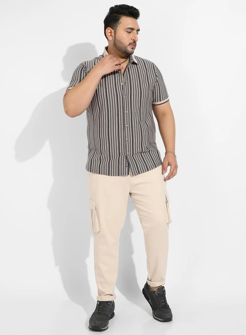 Instafab Plus Men's Light Grey & Navy Blue Contrast Knitted Shirt