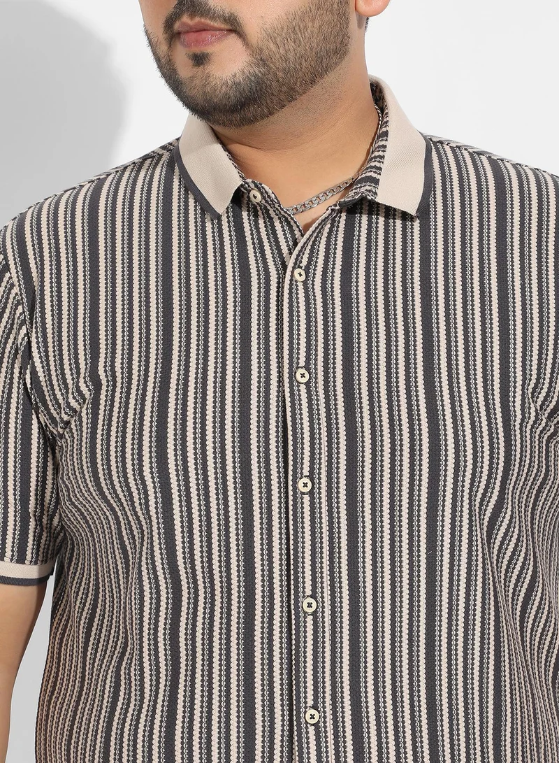 Instafab Plus Men's Light Grey & Navy Blue Contrast Knitted Shirt