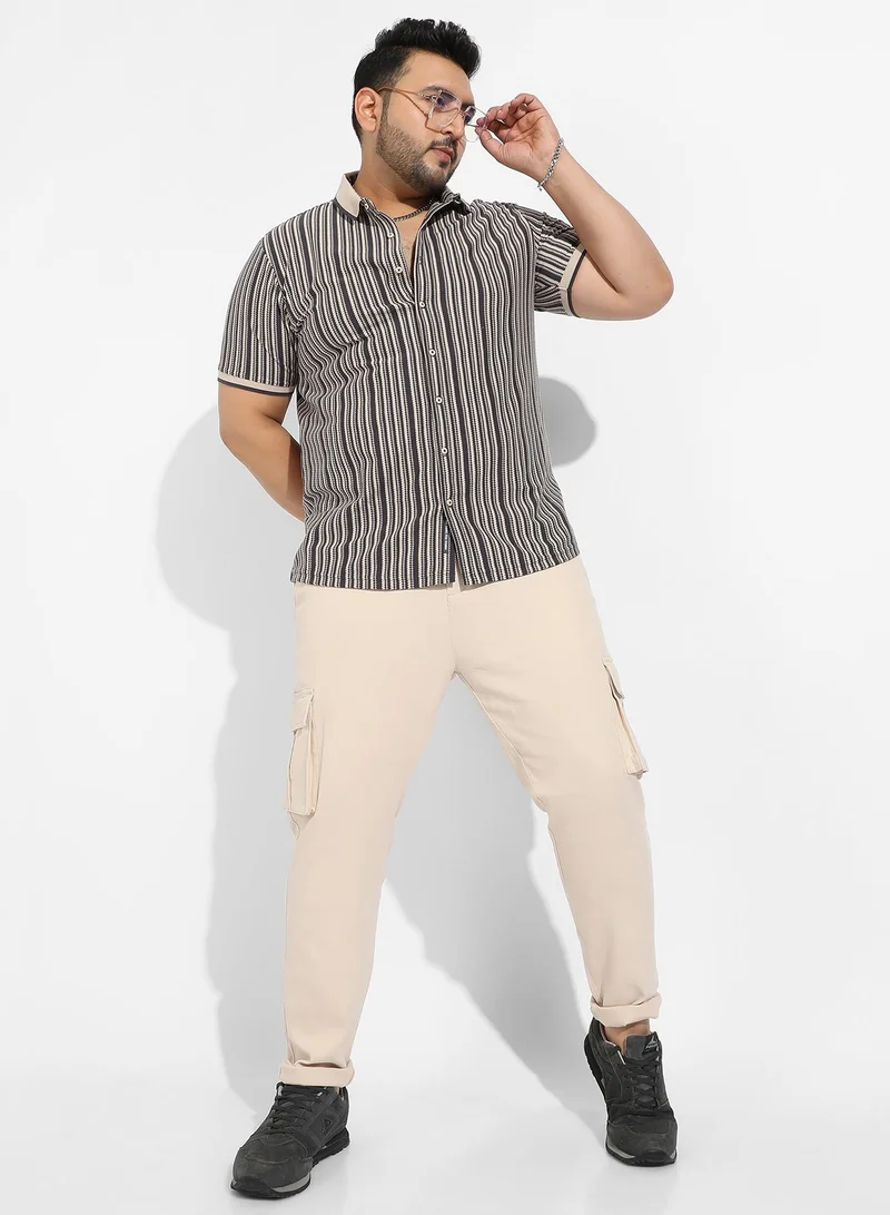 Instafab Plus Men's Light Grey & Navy Blue Contrast Knitted Shirt