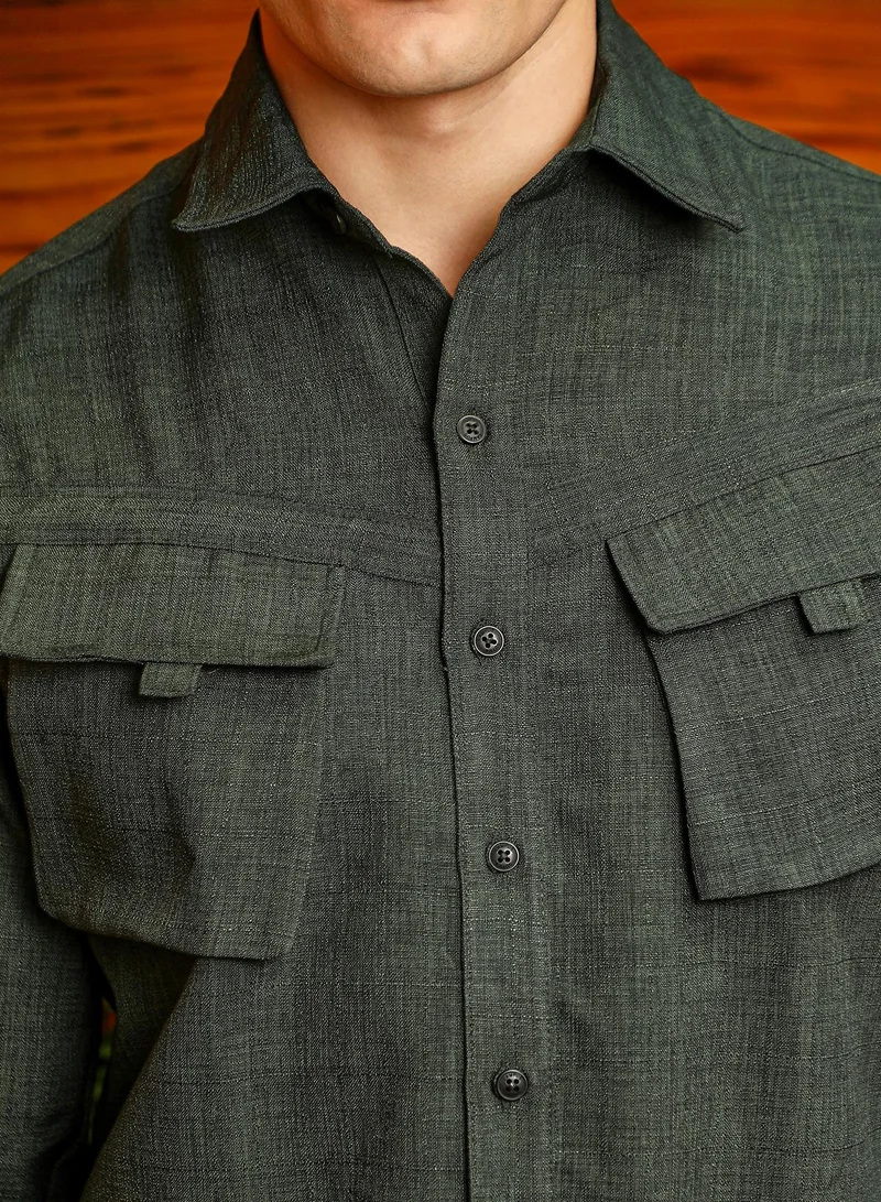 Campus Sutra Men's Juniper Green Modular-Utility Oversized Shirt