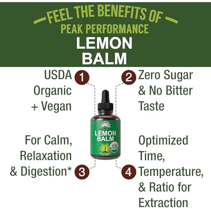Peak Performance USDA Organic Lemon Balm Tincture - Liquid Oil Drops Supplement for Relaxation, Calm, Digestion - Vegan Leaf Extract - Zero Sugar, Gluten Free Supplements for Women & Men 2 fl oz - Image 2