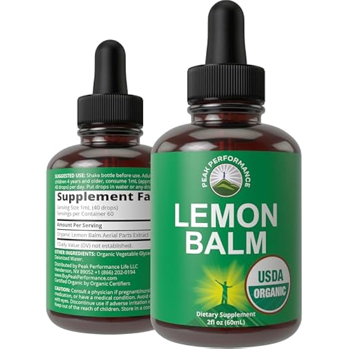 Peak Performance USDA Organic Lemon Balm Tincture - Liquid Oil Drops Supplement for Relaxation, Calm, Digestion - Vegan Leaf Extract - Zero Sugar, Gluten Free Supplements for Women & Men 2 fl oz - Image 1