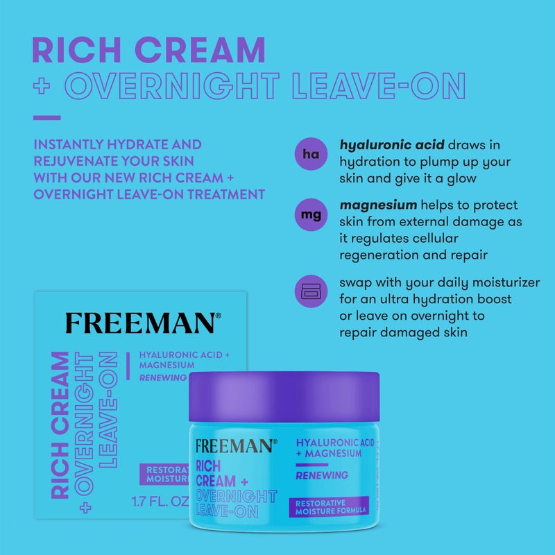 Freeman Rich Cream + Overnight Leave-On, Moisturizing Face Mask, Facial Mask For Dry Skin, Face Cream Infused With Magnesium & Hyaluronic Acid To Hydrate & Soothe Skin, 1.7 fl.oz./ 50 mL Jar - Image 2