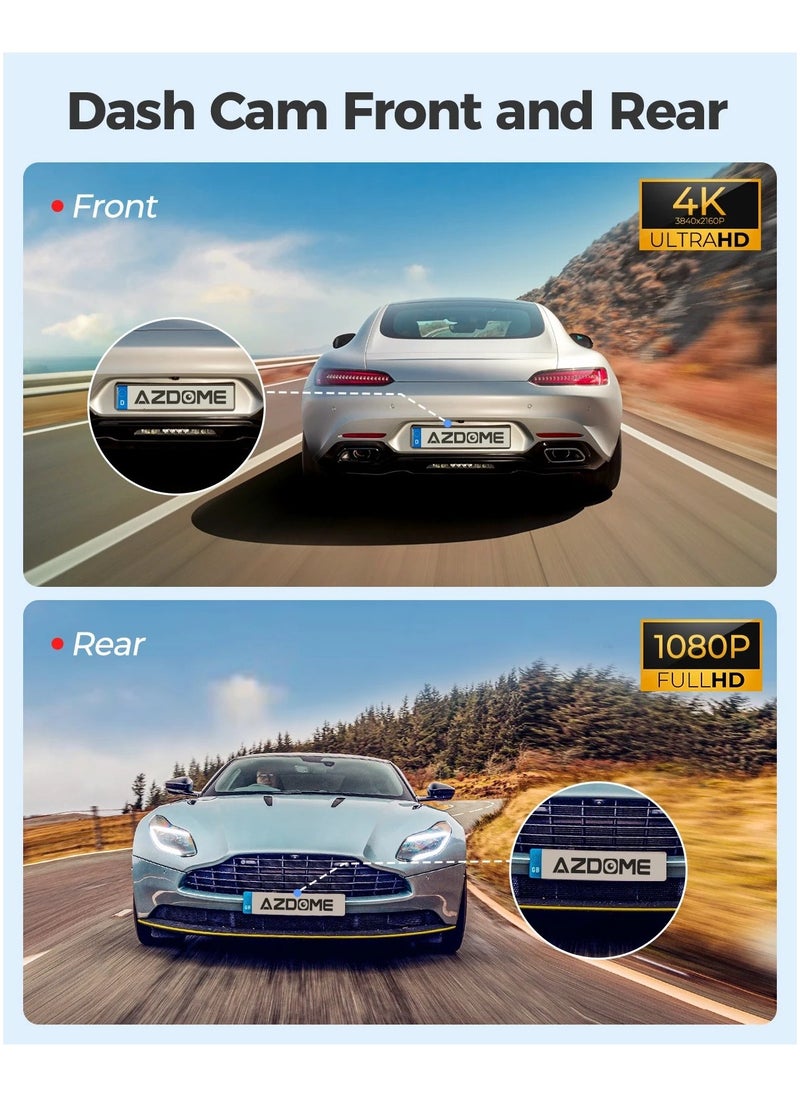 أزدوم - AZDOME كاميرا داش 4K مع بطاقة TF سعة 64 جيجابايت، واي فاي 5.8G، كاميرا داش 170° أمامية وخلفية، GPS، تحكم صوتي، رؤية ليلية WDR، مستشعر G، رصد وقوف السيارات لمدة 24 ساعة، سهل التركيب، دعم حتى 256 جيجابايت - Image 1