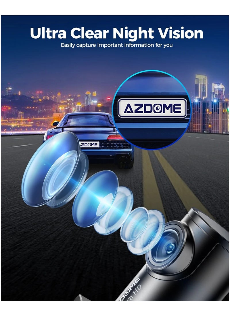 أزدوم - AZDOME كاميرا داش 4K مع بطاقة TF سعة 64 جيجابايت، واي فاي 5.8G، كاميرا داش 170° أمامية وخلفية، GPS، تحكم صوتي، رؤية ليلية WDR، مستشعر G، رصد وقوف السيارات لمدة 24 ساعة، سهل التركيب، دعم حتى 256 جيجابايت - Image 1