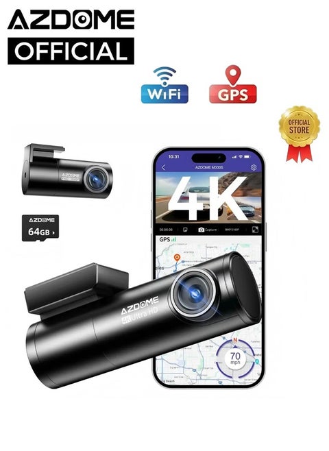 AZDOME كاميرا داش 4K مع بطاقة TF سعة 64 جيجابايت، واي فاي 5.8G، كاميرا داش 170° أمامية وخلفية، GPS، تحكم صوتي، رؤية ليلية WDR، مستشعر G، رصد وقوف السيارات لمدة 24 ساعة، سهل التركيب، دعم حتى 256 جيجابايت
