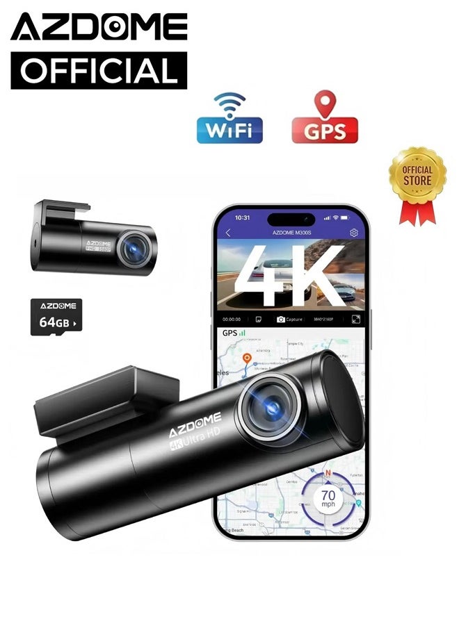 أزدوم - AZDOME كاميرا داش 4K مع بطاقة TF سعة 64 جيجابايت، واي فاي 5.8G، كاميرا داش 170° أمامية وخلفية، GPS، تحكم صوتي، رؤية ليلية WDR، مستشعر G، رصد وقوف السيارات لمدة 24 ساعة، سهل التركيب، دعم حتى 256 جيجابايت - Image 1