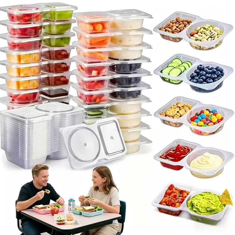 50 Pcs 2 Compartment Snack Containers 190ml Leak Proof Clear Plastic Food Grade - Image 1