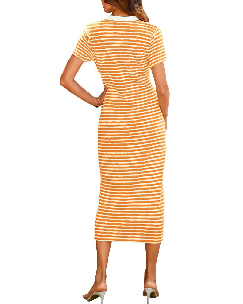 BTFBM Women Casual Summer Dresses Short Sleeve Striped Midi Dresses Decorative Button Ribbed Knit Dresses Party Dresses(Orange,Small) - Image 2