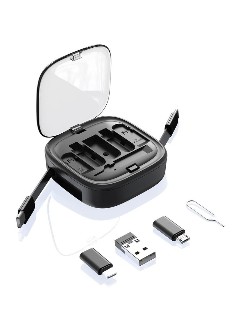 Captaintech USB Adapter Storage Box, USB C to USB C Retractable Charging Cable Up to 3FT, Adapter Conversion Kit USB/Type-C to Micro/Type-C/Lightning, Data Transfer, Card Slot, Phone Holder (Black)(1 Pack) - Image 1