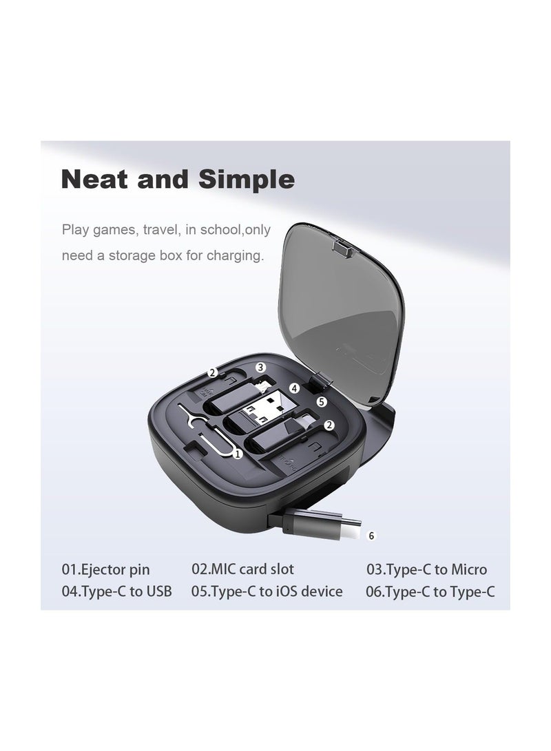 Captaintech USB Adapter Storage Box, USB C to USB C Retractable Charging Cable Up to 3FT, Adapter Conversion Kit USB/Type-C to Micro/Type-C/Lightning, Data Transfer, Card Slot, Phone Holder (Black)(1 Pack) - Image 2