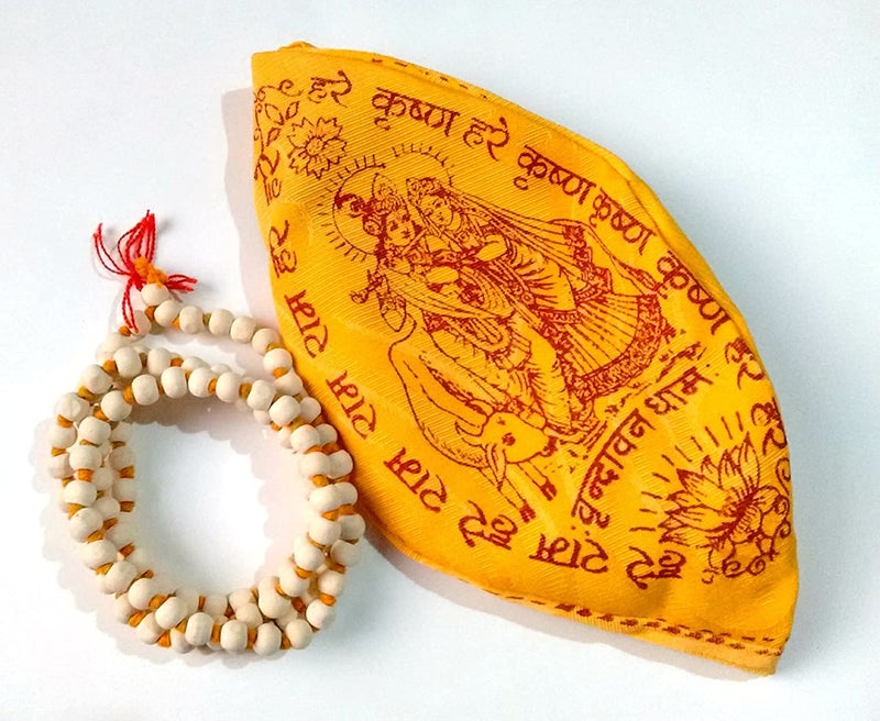 S K D Natural Tulsi Beads Mala with Gomukh Bag (Standard Size, Off-White) - Image 1
