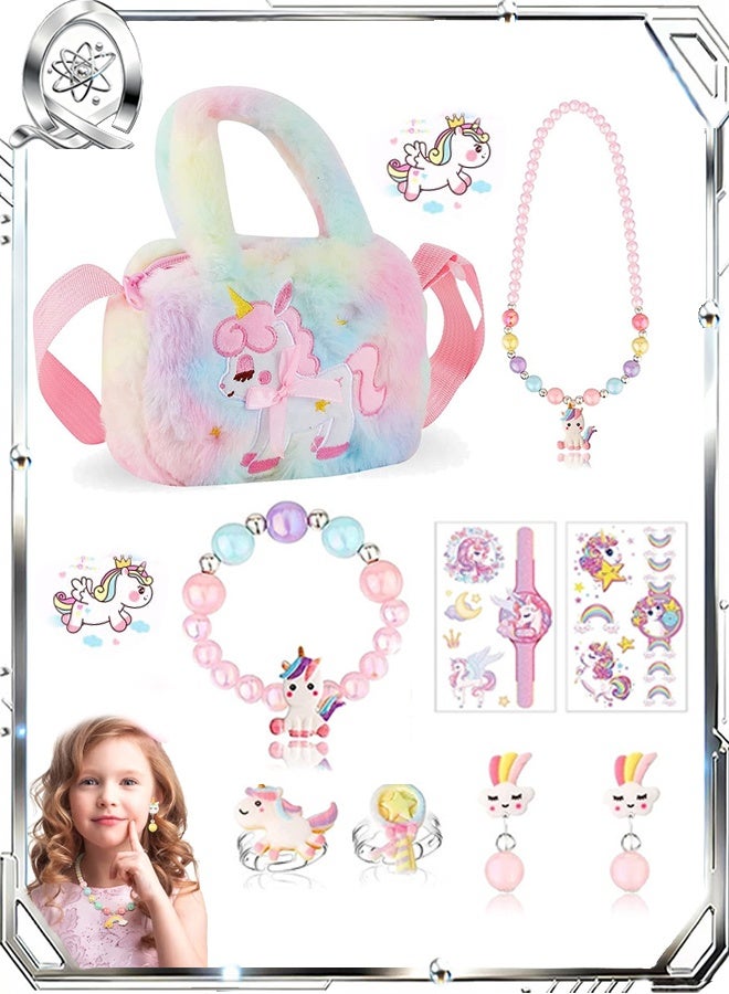 Quantum Unicorn Gift Set, Rainbow Cartoon Unicorn Theme Crossbody Bag, Includes Plush Handbag, Necklace, Bracelet, Earrings & Rings Little Girls Purse - Image 1