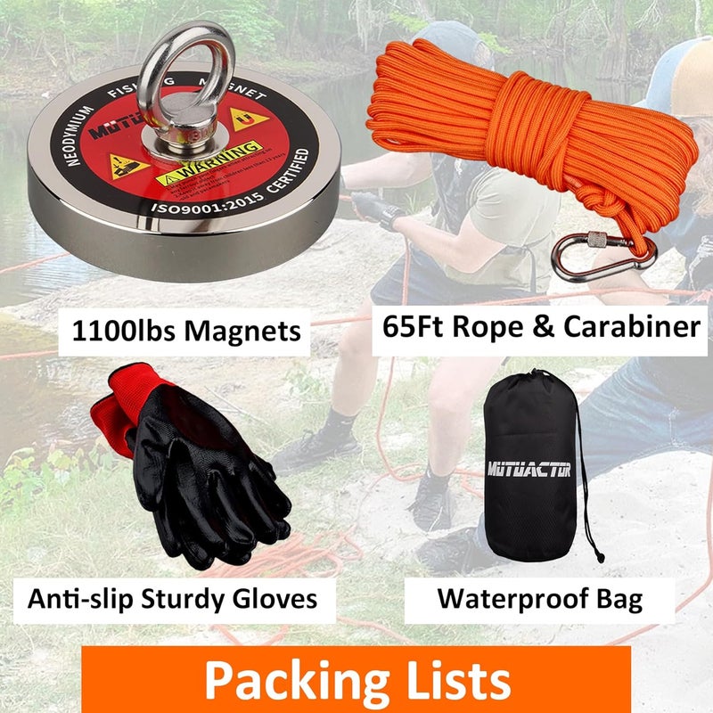 MUTUACTOR Strong Fishing Magnets Kit,1100lb Large Neodymium Rare Earth Magnets Heavy Duty Powerful Magnet Fishing with 65ft Salvage Rope,Gloves,Waterproof Bag for Finding Lost Treasures in Rivers - Image 4