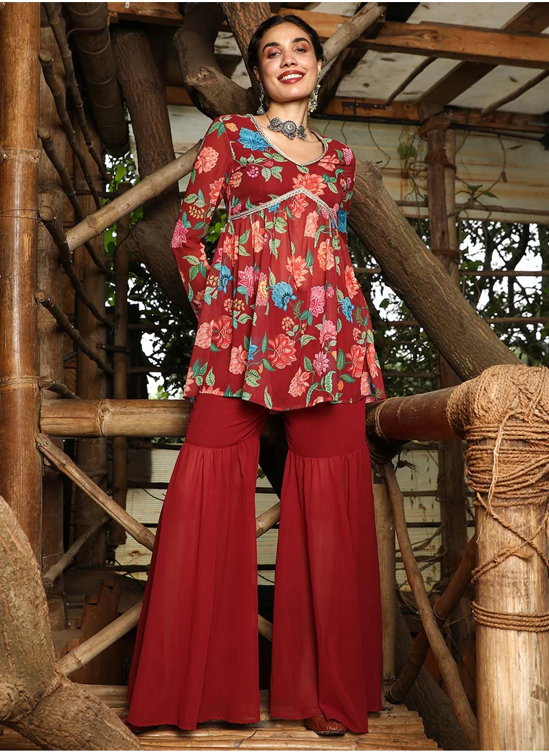 QISSA Women's Crimson Red Flora Cluster Sharara Set