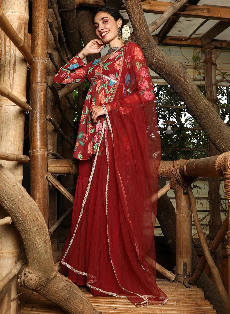  قصة Women's Crimson Red Flora Cluster Sharara Set