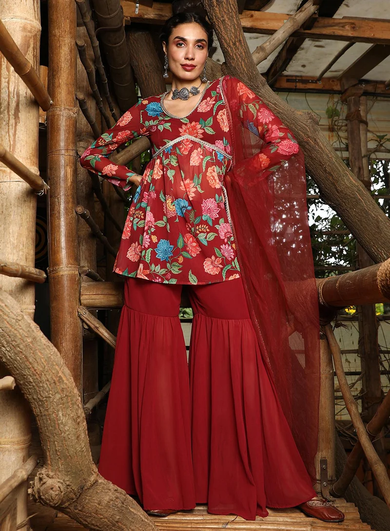  قصة Women's Crimson Red Flora Cluster Sharara Set