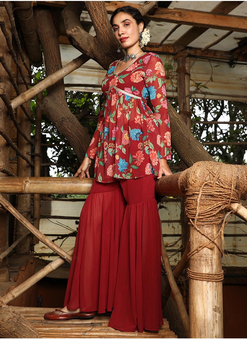  قصة Women's Crimson Red Flora Cluster Sharara Set  - Image 3