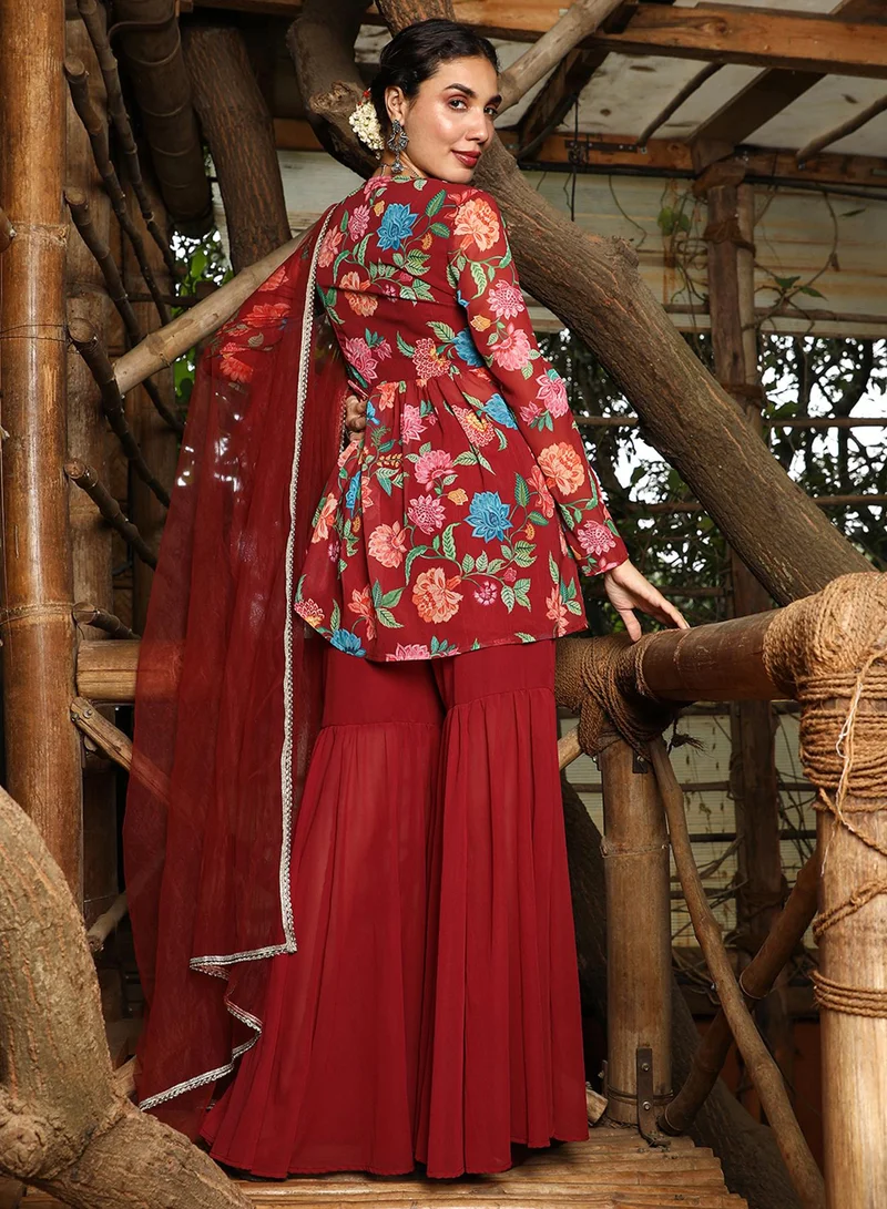  قصة Women's Crimson Red Flora Cluster Sharara Set