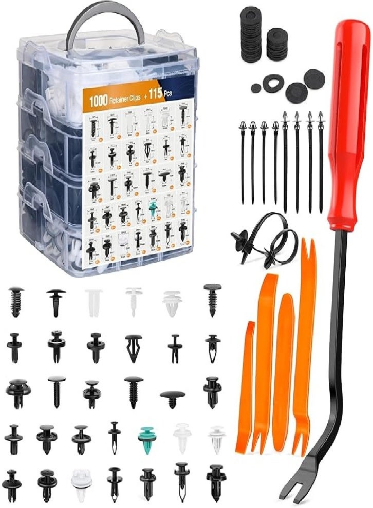 Upgraded 1115pcs Auto Push Retainer Clips and Auto Fasteners Set - 32 Most Popular Sizes Nylon Bumper Fender Rivets with 10 Cable Ties and Fastener Remover for GM, Ford, Toyota, Honda, Chrysler - Image 1