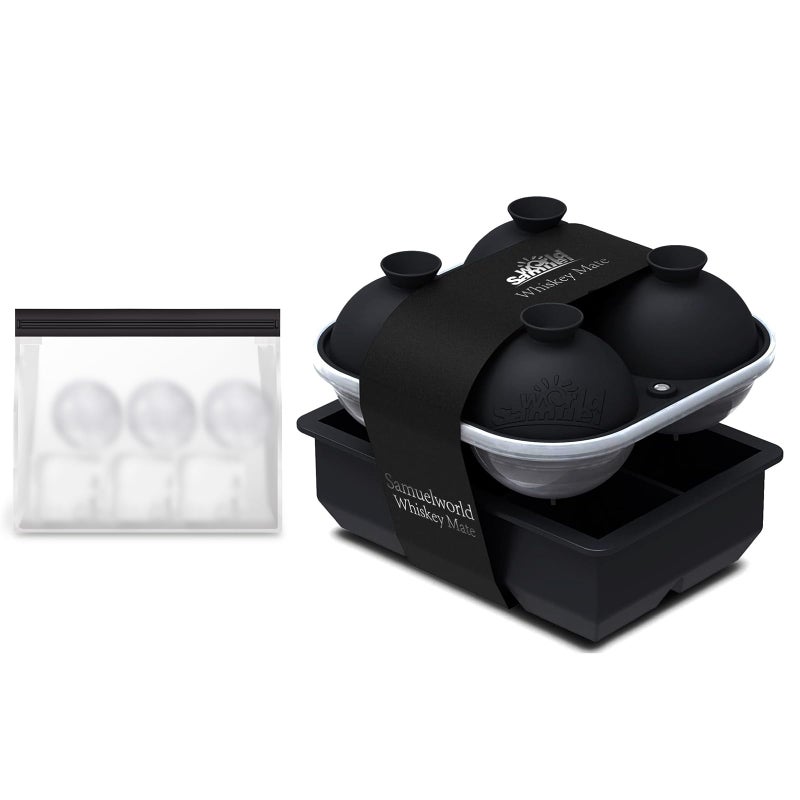 Samuelworld Large Silicone Premium Ice Trays, 2 Inches Big Cubes & 2.5 Inches Sphere Ice Molds - BPA Free, Craft Ice Maker for Gifting, Easy Release - Black(With Ice Bag) - Image 1