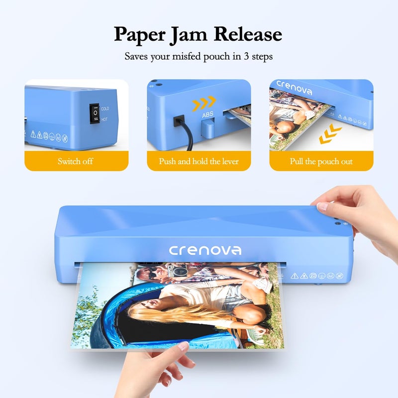 Crenova Laminator Machine with 10 Laminating Sheets, A4 Laminating Machine Hot & Cold with Fast Warm Technology, Thermal Laminator 9 Inch for Home Office School Business Blue - Image 3