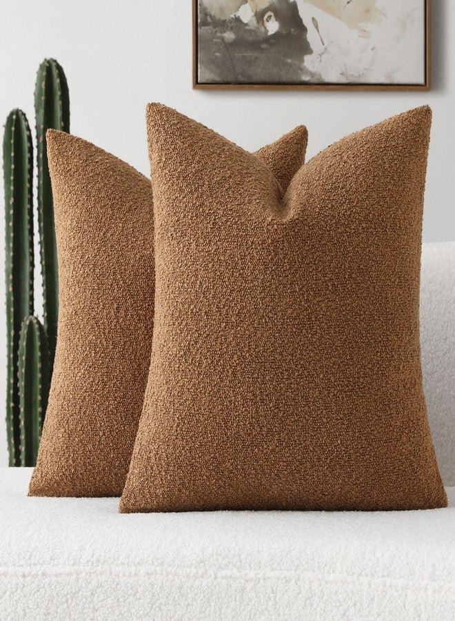FUTEI Pack of 2 Tobacco Decorative Throw Pillow Covers 18x18 Inch Soft Cozy Solid Boucle Textured Cushion Case,Modern Home Decor for Couch Bed Living Room - Image 1