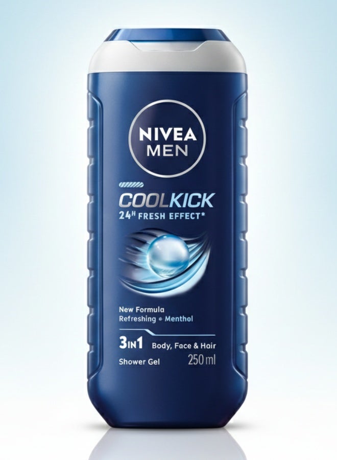 Nivea Men Cool Kick 24h Fresh Effect 3 in 1 Shower Gel 250 ml Body Face Hair Refreshing Cooling Clean Skin Care - Image 1
