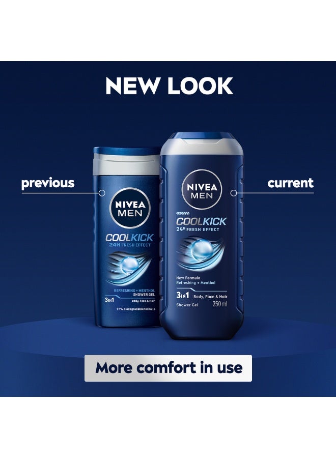 Nivea Men Cool Kick 24h Fresh Effect 3 in 1 Shower Gel 250 ml Body Face Hair Refreshing Cooling Clean Skin Care - Image 4