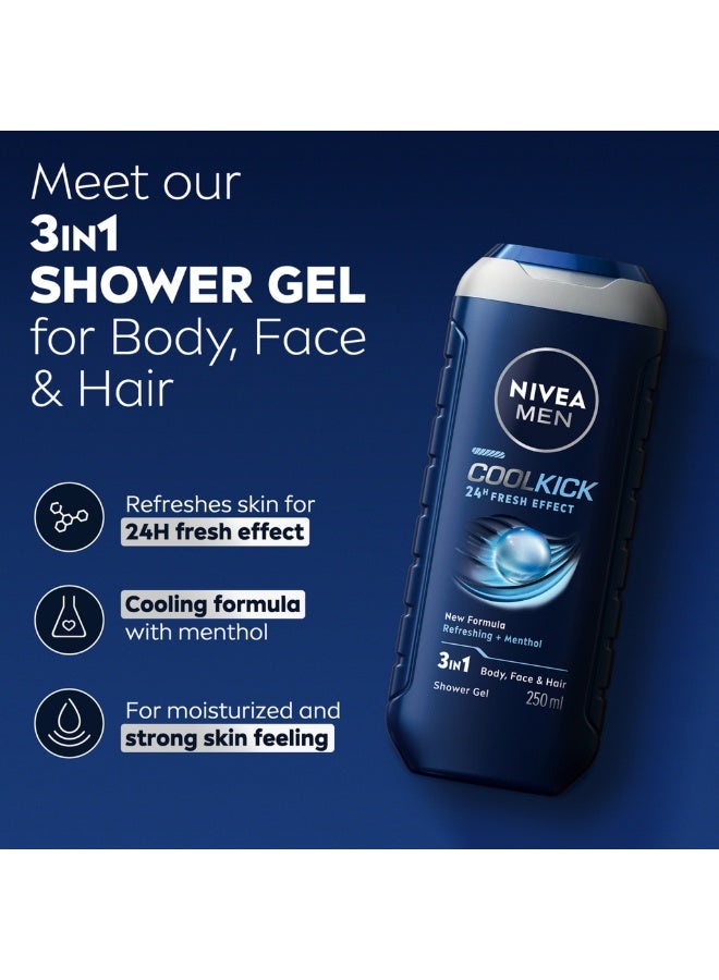 Nivea Men Cool Kick 24h Fresh Effect 3 in 1 Shower Gel 250 ml Body Face Hair Refreshing Cooling Clean Skin Care - Image 2