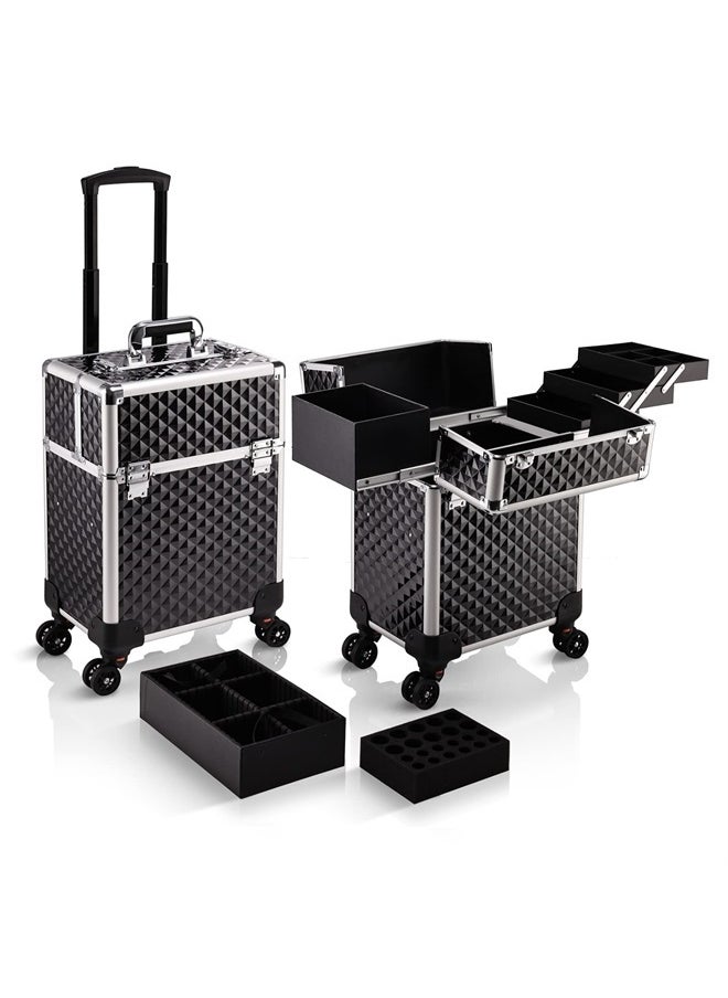 Stagiant Rolling Makeup Train Case Large Cosmetic Trolley 4 Tray with Sliding Rail Removable Layer with Key Swivel Wheels Salon Barber Storage Traveling Cart Trunk - Diamond Black  - Image 1